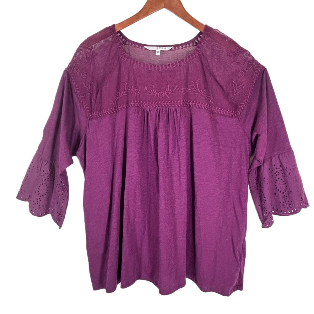 Sonoma NEW Purple Boho Knit Top Plus Size 3X Eyelet Bell Sleeve Embroidered